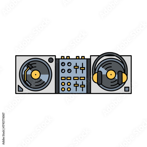 DJ Turntable and Mixer with Headphones.