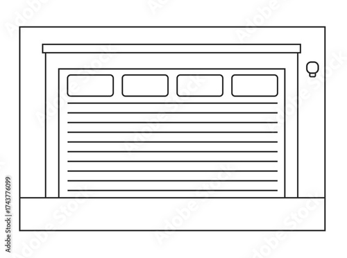 Flat line art illustration of a modern garage door and storage concept. Ideal for home, industrial, commercial, and logistics design projects, presentations, and promotional materials.