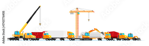 Set of construction vehicles and transport. Heavy machinery for building, roadwork. Flat style illustration for industrial and engineering design.