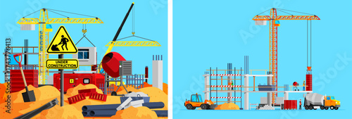 Construction site work in flat style. Crane lifting materials and workers building. Building process in urban landscape.
