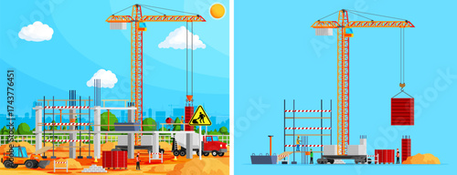 Construction site scene with men working and heavy machinery. Building development project with crane and digger. Architecture industry concept.