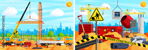 Under construction site with crane, truck, and workers building new city infrastructure. Flat style stock vector set collection illustration.
