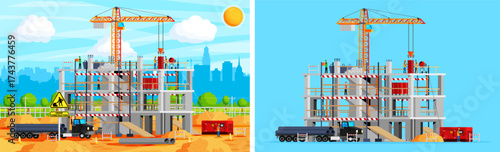 Building under construction with workers operating a crane and machinery. Real estate development and commercial property plan.