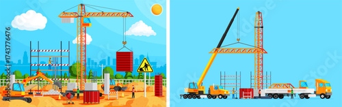 Flat stock vector set collection illustration of a busy construction site with workers, crane, excavator, and building material.