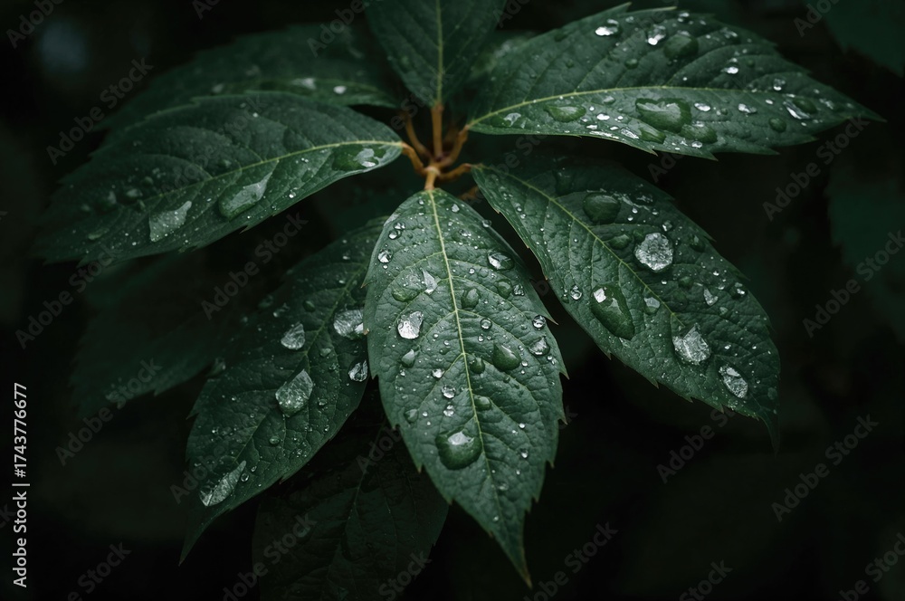 Fototapeta premium The foliage displays a rich emerald hue with a plush, velvety feel. Dewdrops glisten on the surface, enhancing the scene's natural charm.