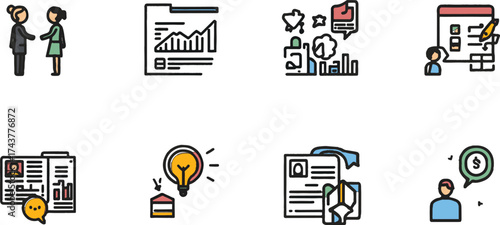 Vector line art of office team working together. EPS-ready for teamwork, business, and corporate themes. Clean, scalable, and suitable for professional design use.
