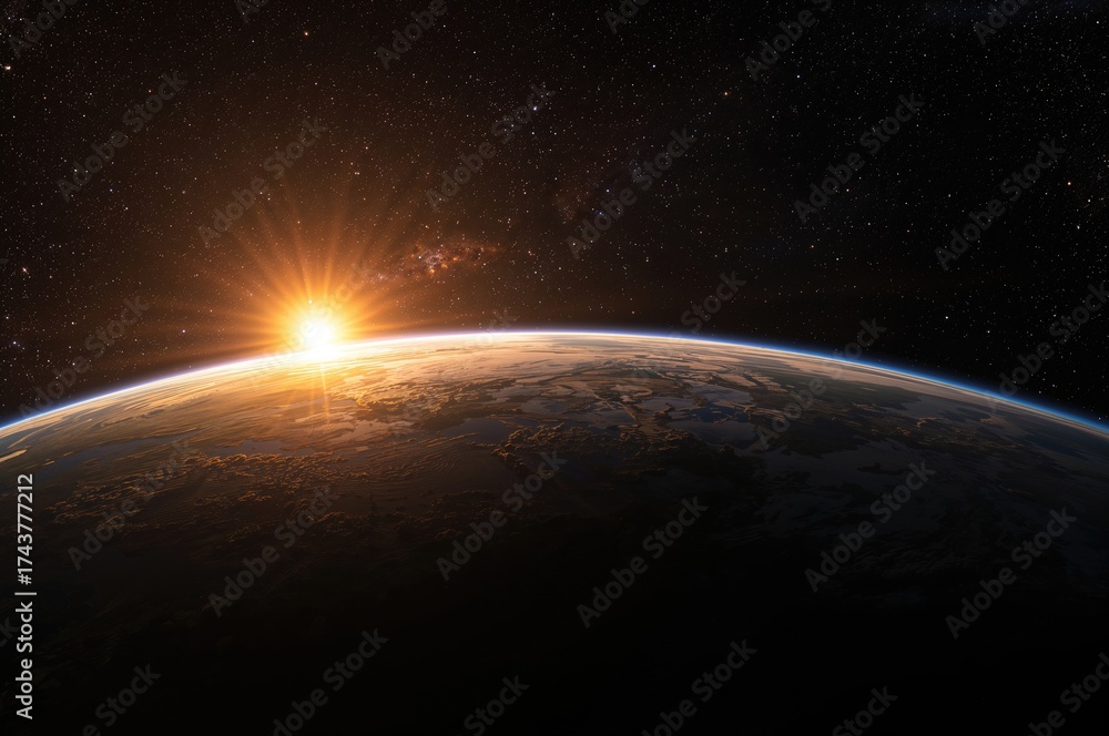 Obraz premium Wide-angle perspective of Earth, the sun, stars, and a galaxy. Dawn seen from space.