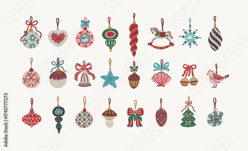 Vintage set of hand drawn Christmas tree decorations including baubles, bells, acorn, snowflake, bird, star, pine cone, and rocking horse. Traditional winter holiday ornaments. Vector clipart 