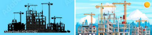Building under construction with cranes and workers. Modern real estate development, property investment, urban growth concept.
