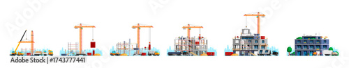 Building construction process from start to finish. Development of a modern apartment block with workers and machinery. Real estate project.