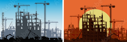 Construction site skyline silhouette with cranes and workers. Building development infrastructure progress. New city construction concept.