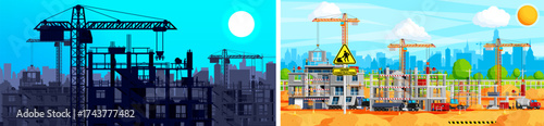 Comparison of two construction site views. Urban development building process. Day and night cityscape. Modern architecture.