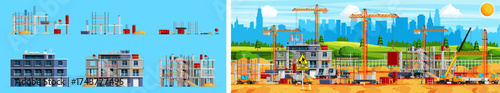 City skyline with building construction site and working construction worker. Urban real estate development. Modern flat style.