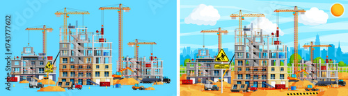 Construction site with workers building a new residential or commercial skyscraper. Urban development and real estate business concept. Housing project.