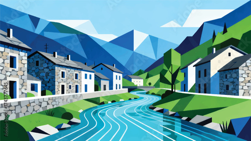 Illustration Of A Small Town In The Pyrenees Mountains With Traditional Stone Houses And A Clear Flowing River Vector Design Template