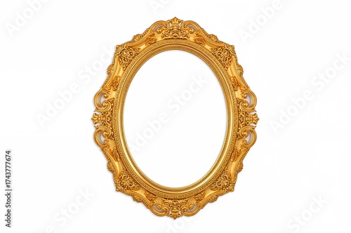 Isolated golden oval photo frame with transparent background