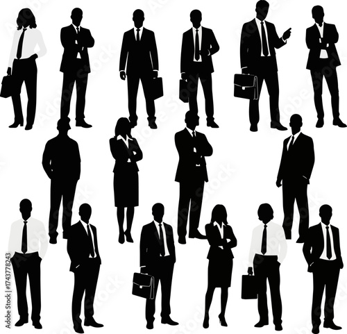 Isolated a kinds of deferent men and woman Business people silhouettes vector – group of standing men and woman in black color vector art with white background..