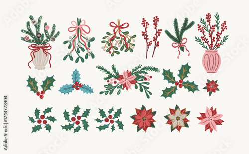 Set of mistletoe, holly leaves, berries, fir branches, poinsettia flower compositions. Hand drawn vector illustration with botanical Christmas decorations. Design for greeting card, invitation, print