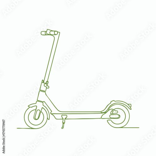 Minimalist line drawing of a modern kick scooter with a sleek design and simple structure on a plain