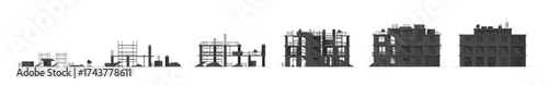 Building construction stages with flat black silhouette. From foundation to completion. Development process concept for architectural design.