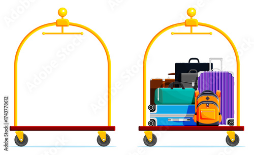 Bellhop luggage cart with packed travel bags. Travel, tourism, and vacation concept with hotel service. Flat style stock vector set collection illustration.