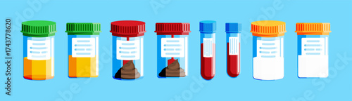 set of medical laboratory samples. Urine, stool, blood, and saliva tests in collection tubes. Diagnostic research in a hospital.