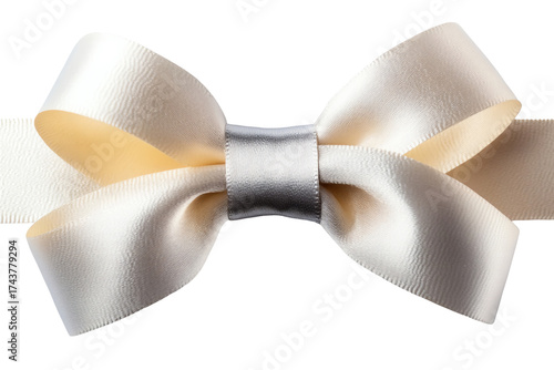 Elegant cream satin ribbon bow with a silver center, isolated on a white background, perfect for gifts, decorations, and crafts.