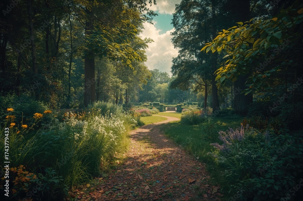 Naklejka premium Trail leading from forest to a submerged garden setting, warm season, natural scene, retro style, scenery, woodland, charm, greenery, foliage