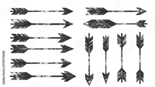 Collection of hand-drawn grunge arrows in a rustic tribal style. Vector set of distressed arrow symbols and icons with a scratch texture for design