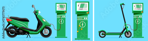 Electric scooter and moped charging at a modern green station. Eco transport and sustainable energy concept for urban mobility.