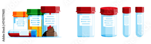 Collection of medical analysis tubes with blood and feces samples and empty test tubes. Diagnostic healthcare illustration for hospital lab.
