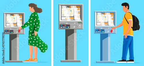 Woman and man using self service terminal for public transport ticket purchase. City navigation map on kiosk screen with location pins.