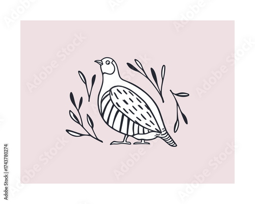 Vector card with hand drawn cute Grey Partridge  in graceful floral wreath. Beautiful animal design elements, ink drawing, logo template
