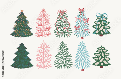Set of stylized Christmas trees with decorations, bows, and snow elements. Vector illustration in hand-drawn cartoon style. Winter holidays celebration. Designs for greeting card, invitation, postcard