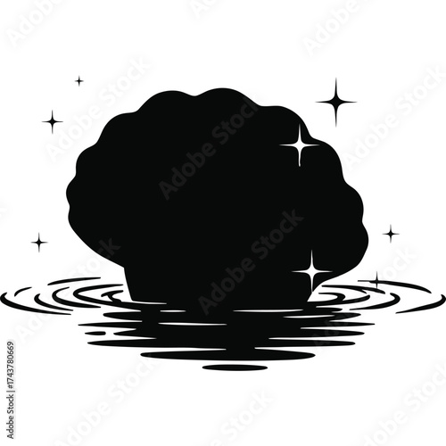 Silhouette of a Rock Formation in Water with Stars black white nature landscape abstract illustration graphic design art ripple