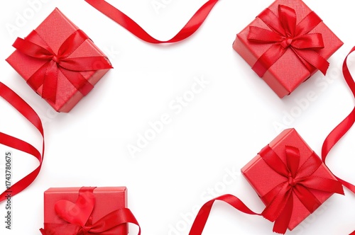 Red Heart-Shaped Presents Tied with Ribbons on a White Surface with Space for Text