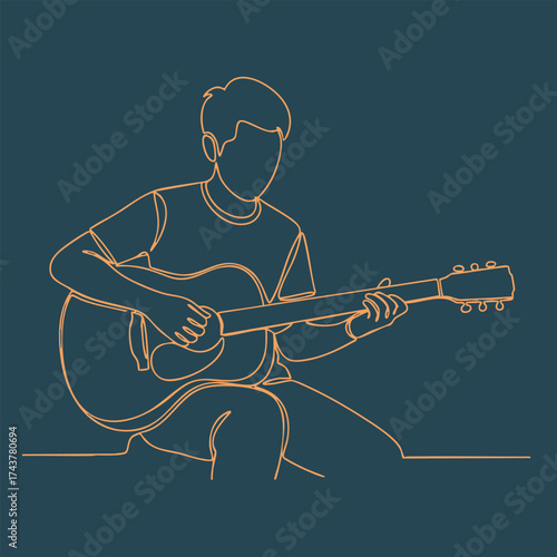 Minimalist Line Drawing of a Person Playing Acoustic Guitar with Focus on Musical Expression and Relaxation