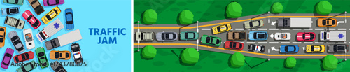 Many automobile on blue and road in a traffic jam. City street crowd of car. Urban congestion scene. Transport issue.