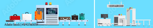 Airport security check with X-ray scanner and baggage conveyor belt. Travel safety control. Flat vector illustration for infographic.