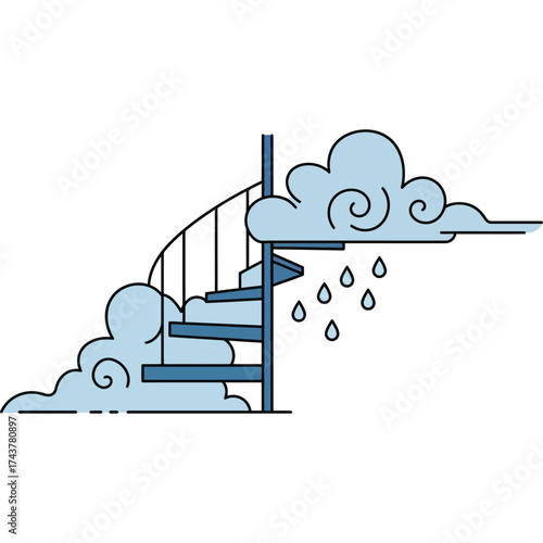 Spiral staircase leading to rain clouds illustration stairs rainy weather sky climbing ascent vector graphic design minimalist modern