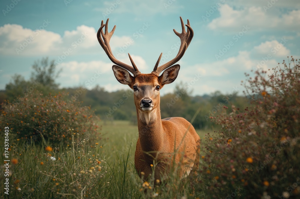 Fototapeta premium Female red deer roaming through grassy bushes in spring nature