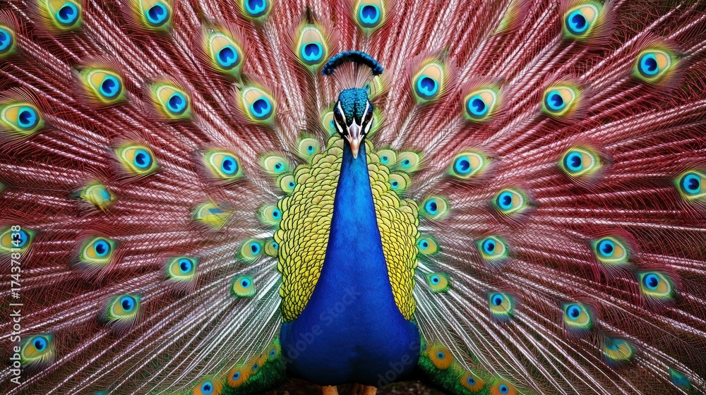 Obraz premium A peacock displays its iridescent feathers in a frontal, full-frame view