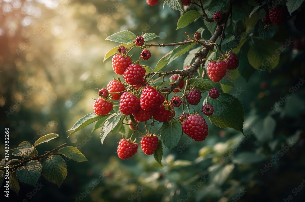 Obraz premium Wild raspberry red berries growing on a shrub. Tasty and nutritious wild fruit.