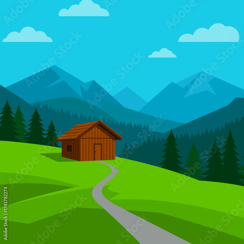 Vibrant flat design illustration of a charming wooden cabin, nestled in a serene green mountain landscape with towering peaks and a winding path leading to adventure