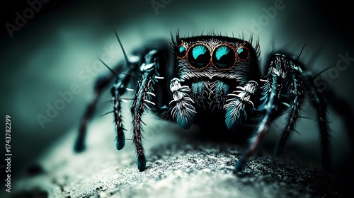 Intricate portrait of a jumping spider with piercing blue eyes on stone, Close up
