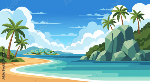 Vibrant tropical beach paradise illustration with palm trees and clear blue ocean for an idyllic summer vacation