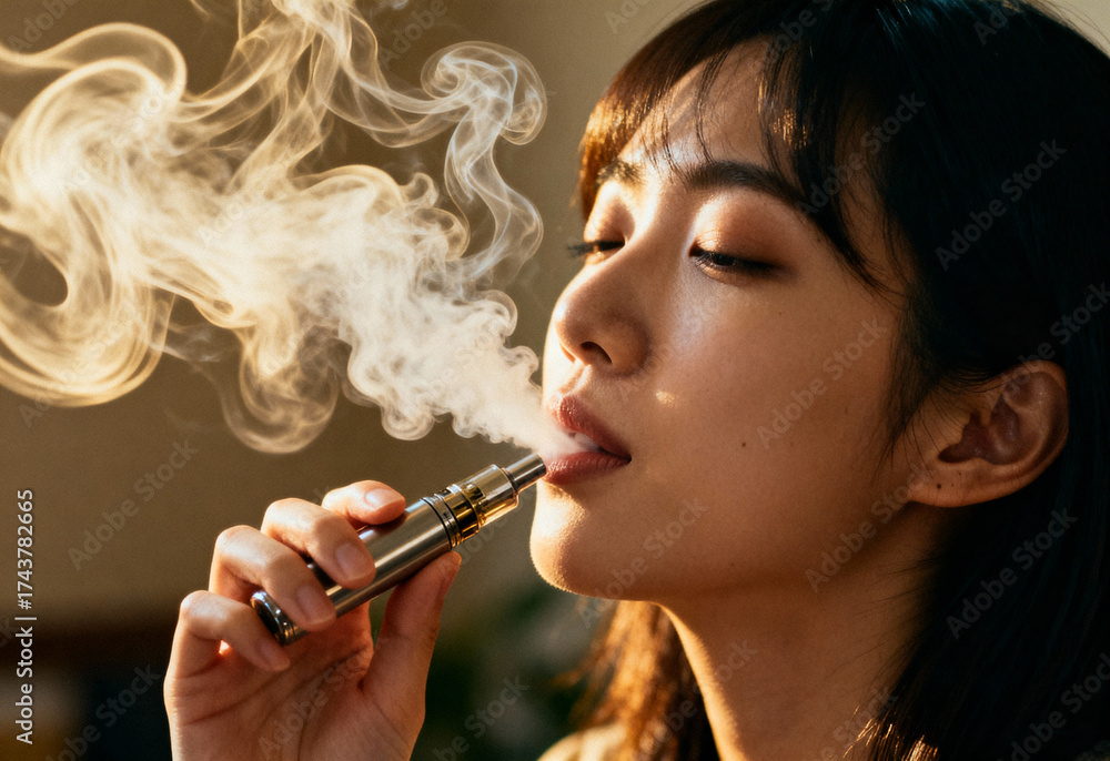 Obraz premium young woman enjoying vaping indoors, exhaling thick vapor cloud in natural light highlighting calm and relaxed atmosphere