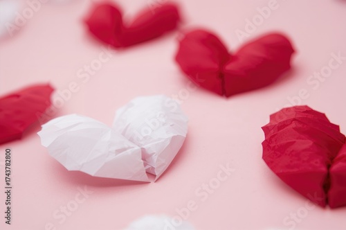 Handcrafted red and white paper hearts for Valentine's Day on a pink backdrop, angled perspective, focused detail