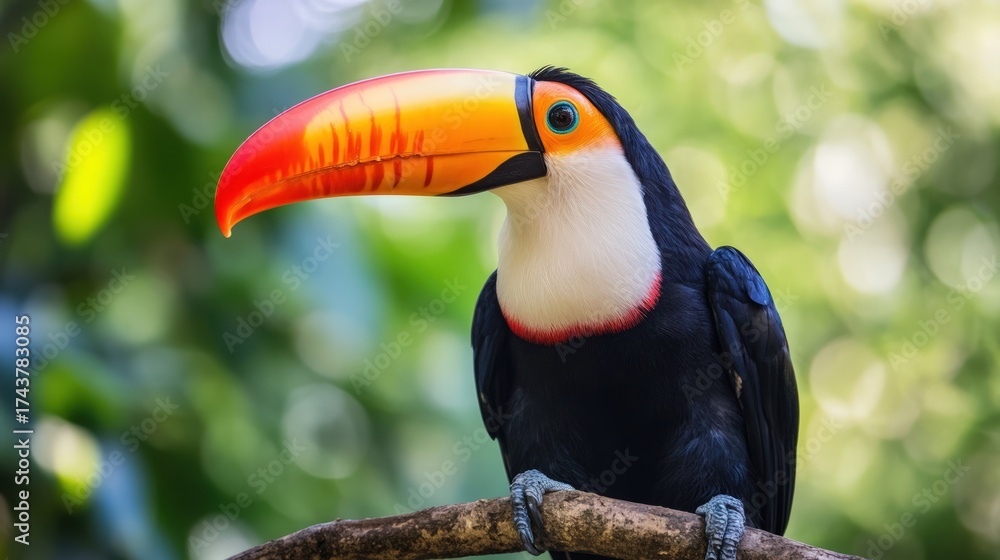 Naklejka premium Toucan perched, vivid orange beak, green bokeh background