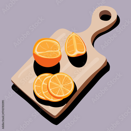 Sliced Oranges on Wooden Cutting Board – Fresh citrus fruit illustration perfect for healthy food concepts, kitchen decor, fruit posters, juice or vitamin C ads, and natural lifestyle graphics. 